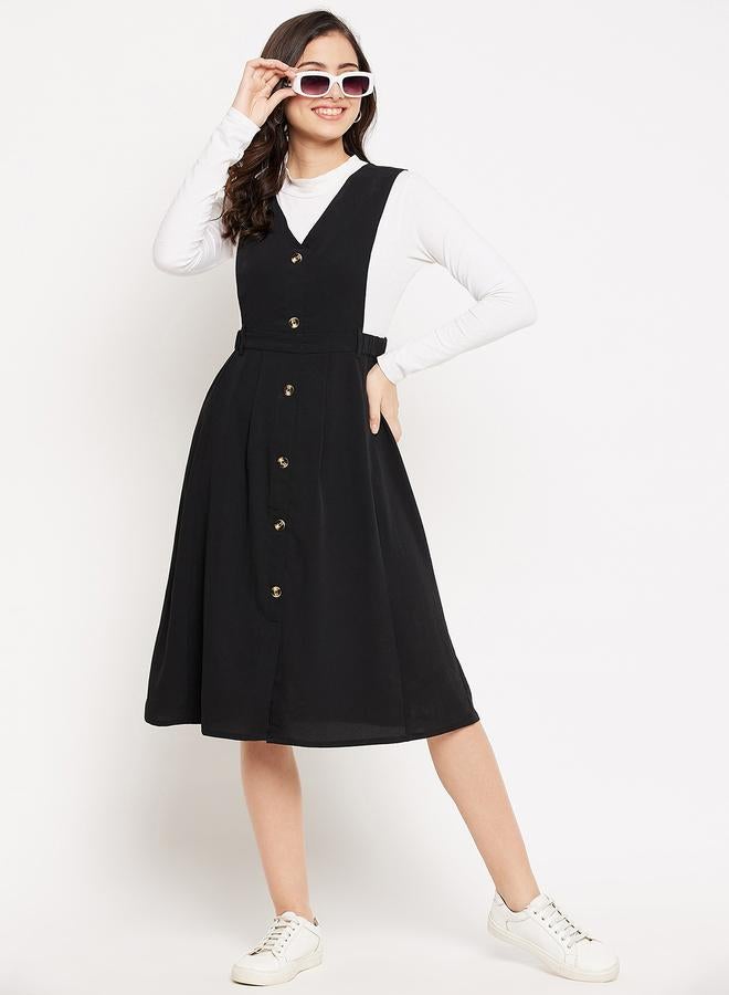 WineRed Women Black Pinafore Flared Midi Dress - Image 1